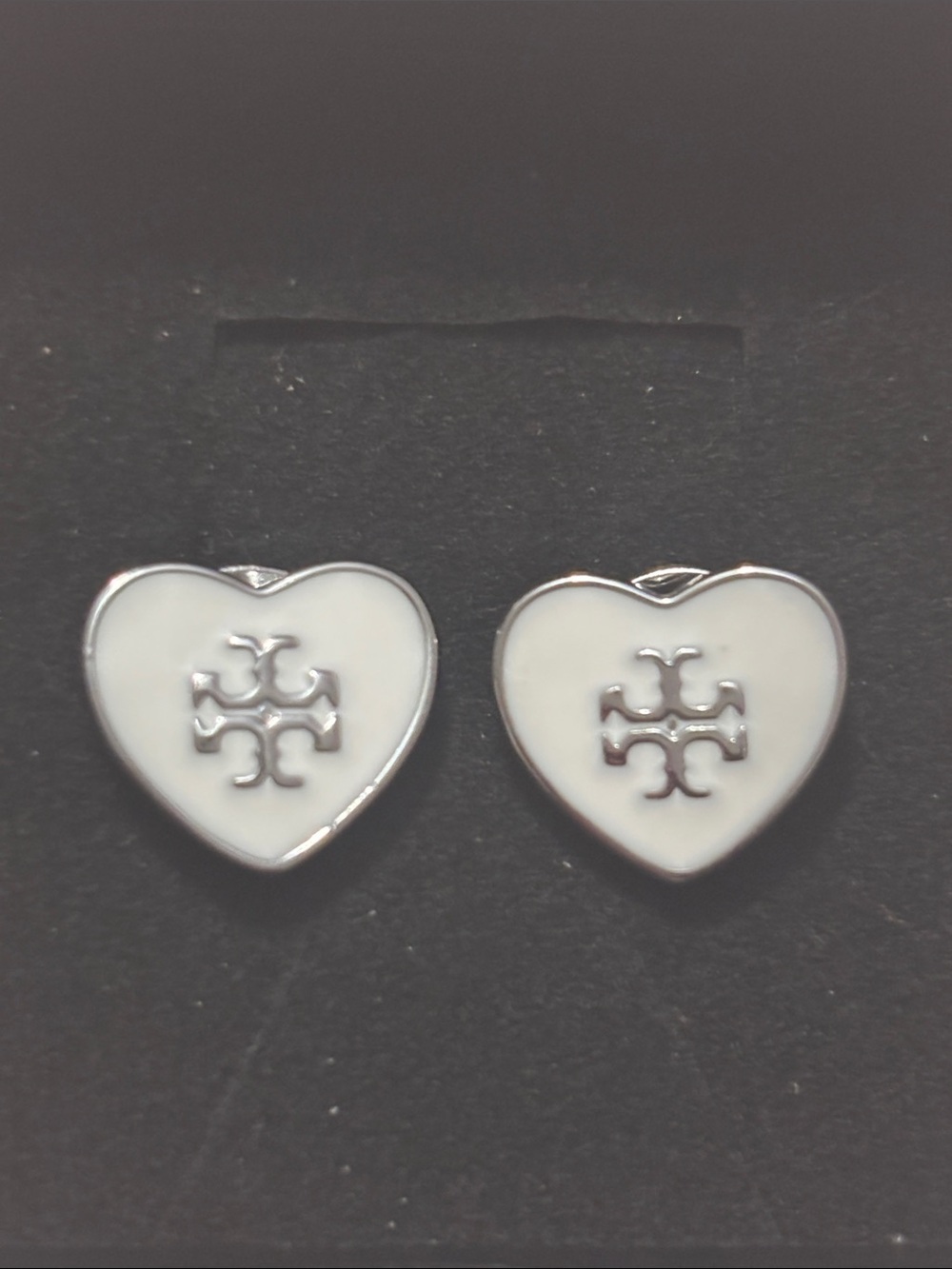 Tory Burch White Heart Logo Stud Earrings